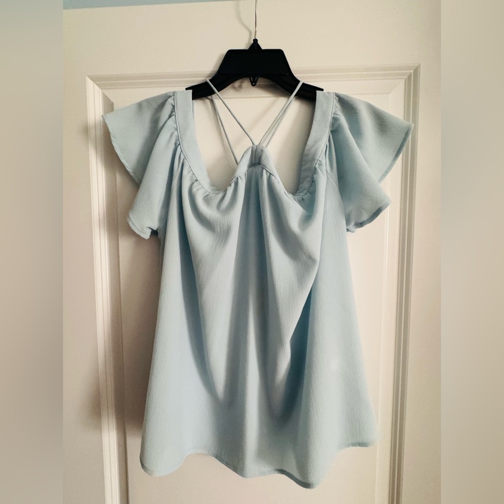 The Impeccable Pig Light Blue Ruffle Sleeve Open Shoulder Blouse